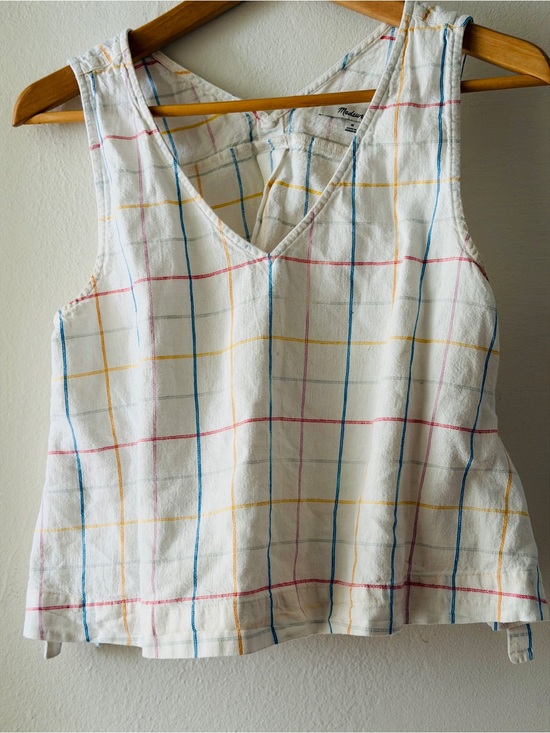 Madewell Tops - Madewell White Windowpane Check V-Neck Tank with Blue, Red, Yellow Lines